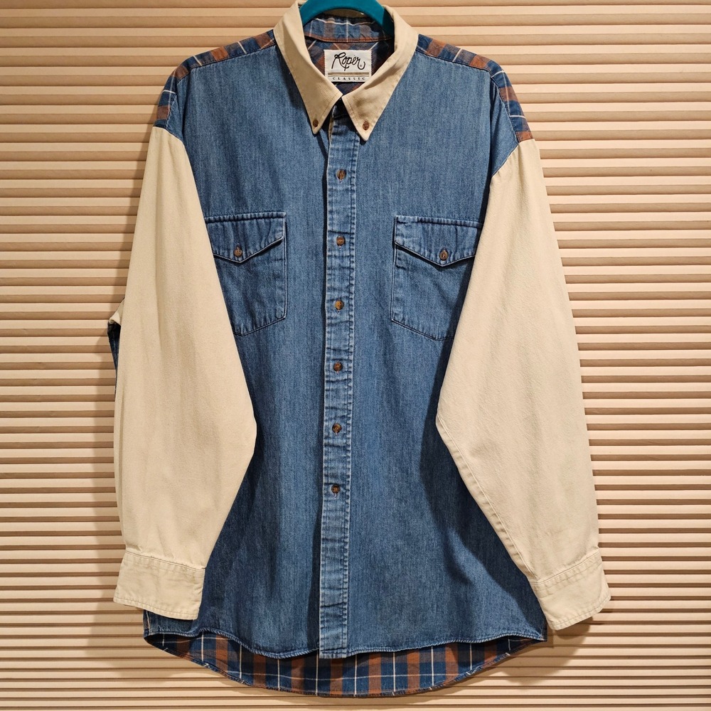 Roper Classic Mens Denim Plaid Colorblock Western Shirt Elbow Patches Blue Brown